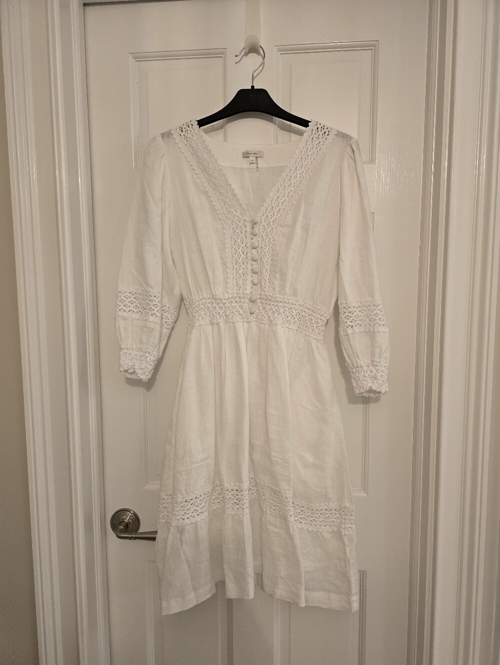 White Lace-Trim Linen V-Neck Midi Dress